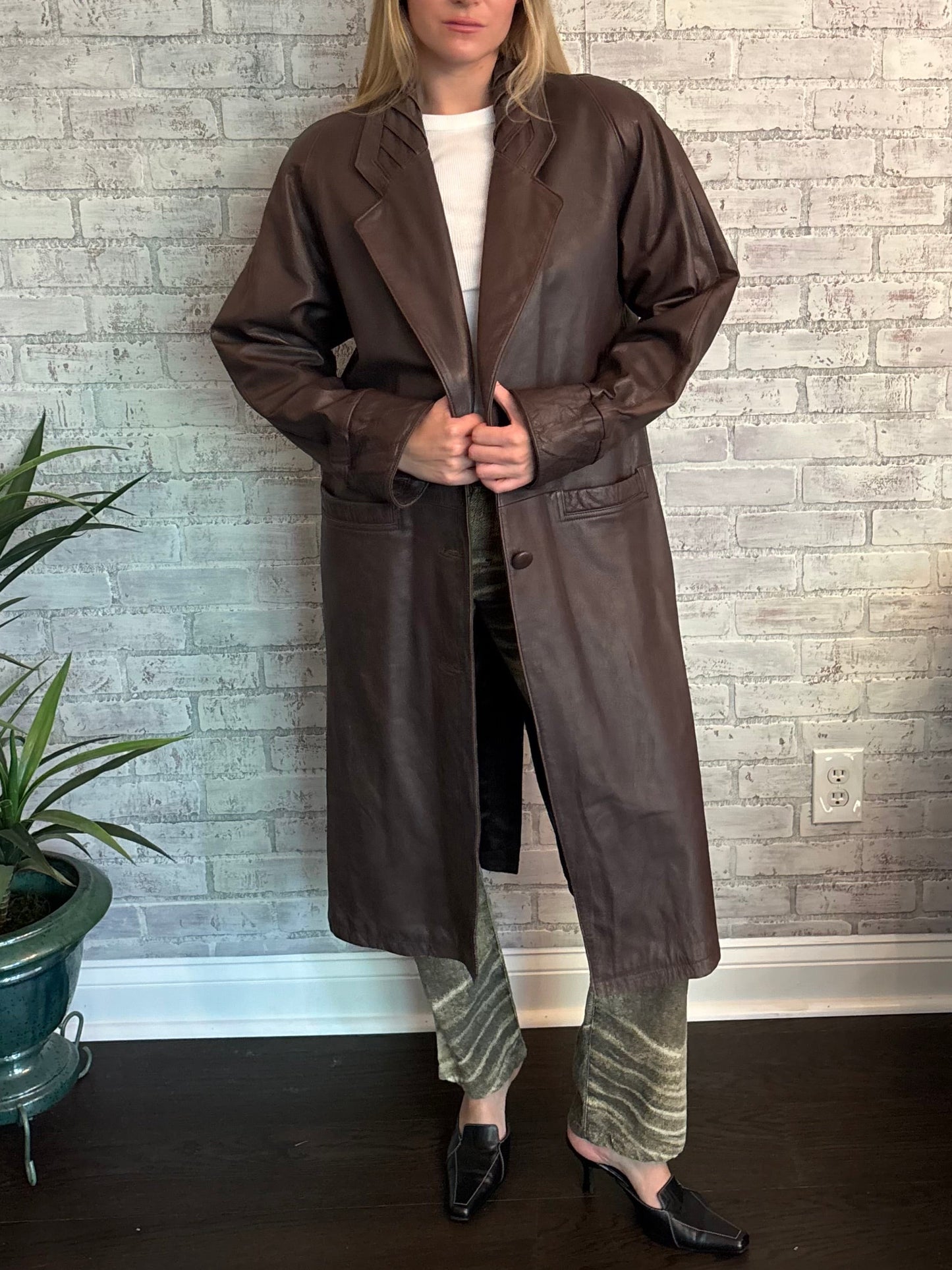 Vintage 90s Brown Leather Trench Coat
