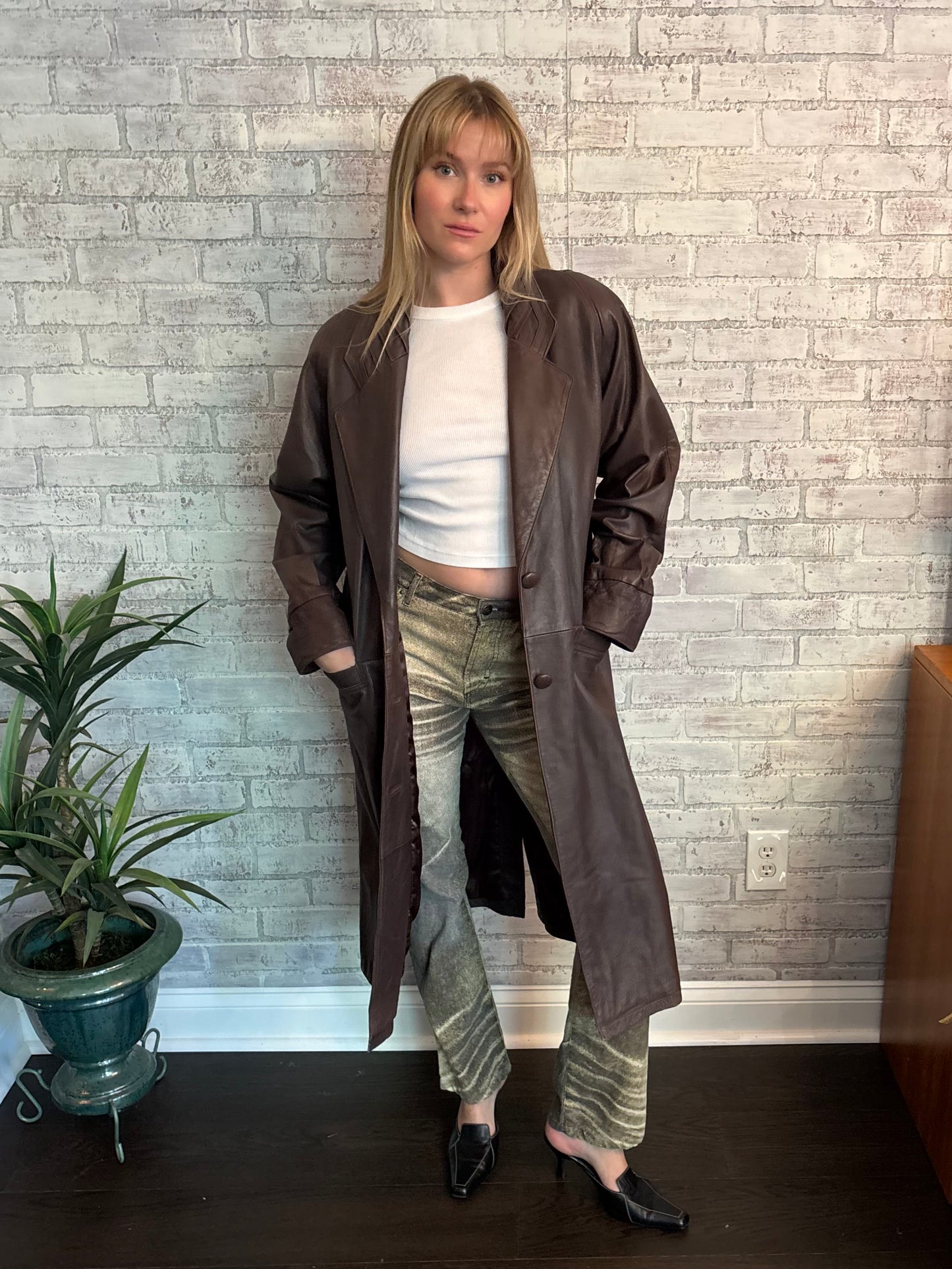Vintage 90s Brown Leather Trench Coat