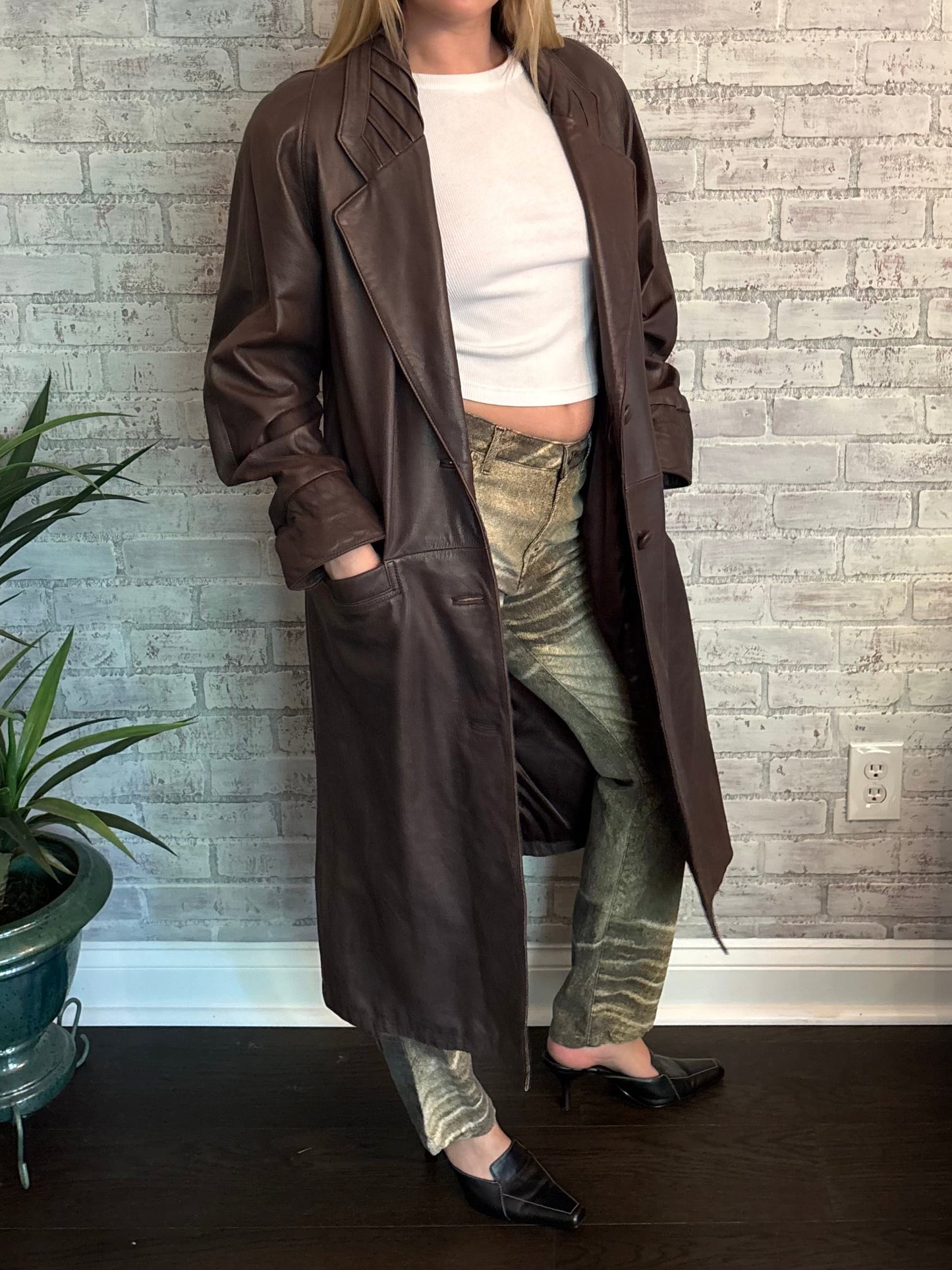 Vintage 90s Brown Leather Trench Coat