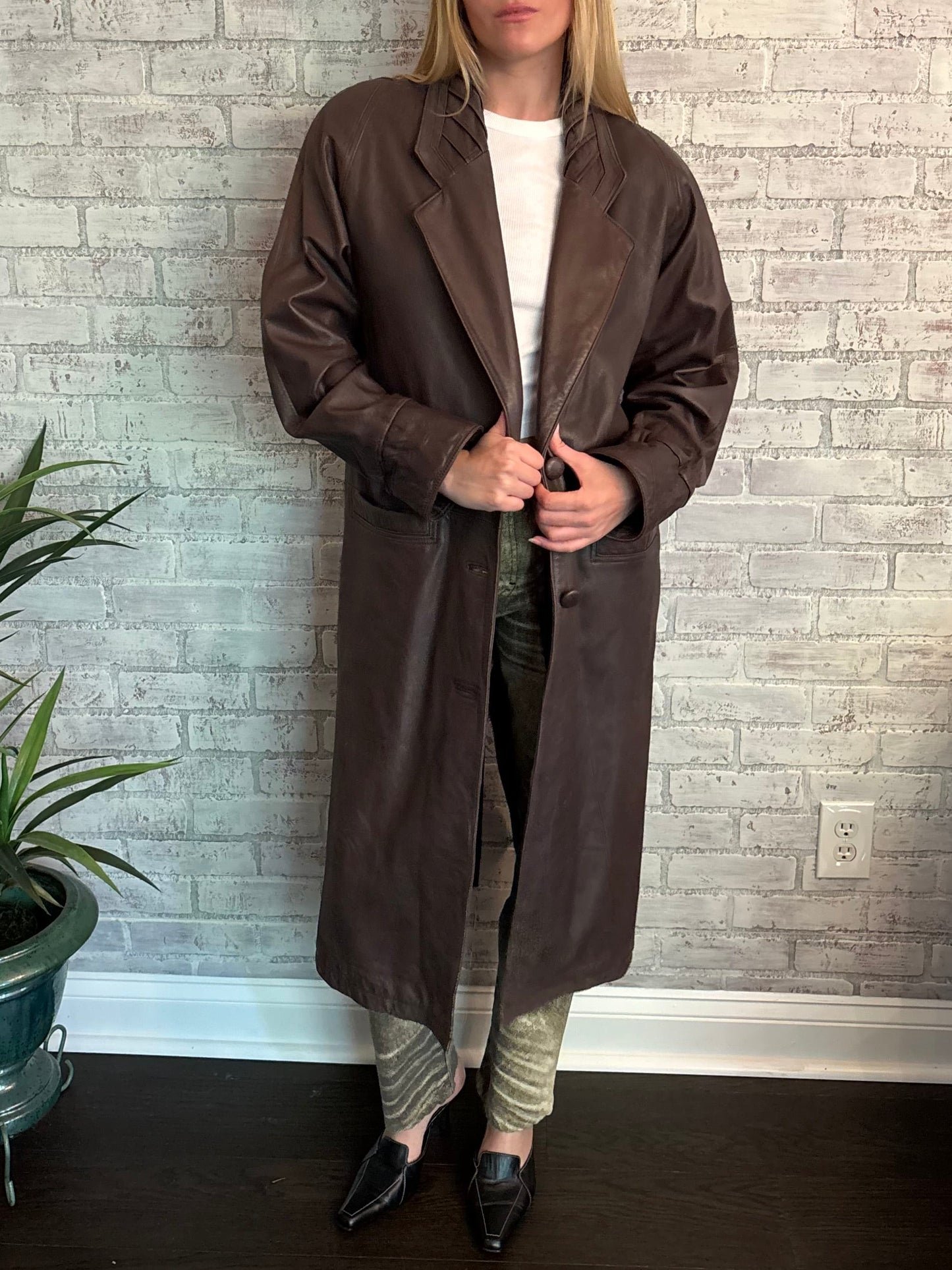 Vintage 90s Brown Leather Trench Coat
