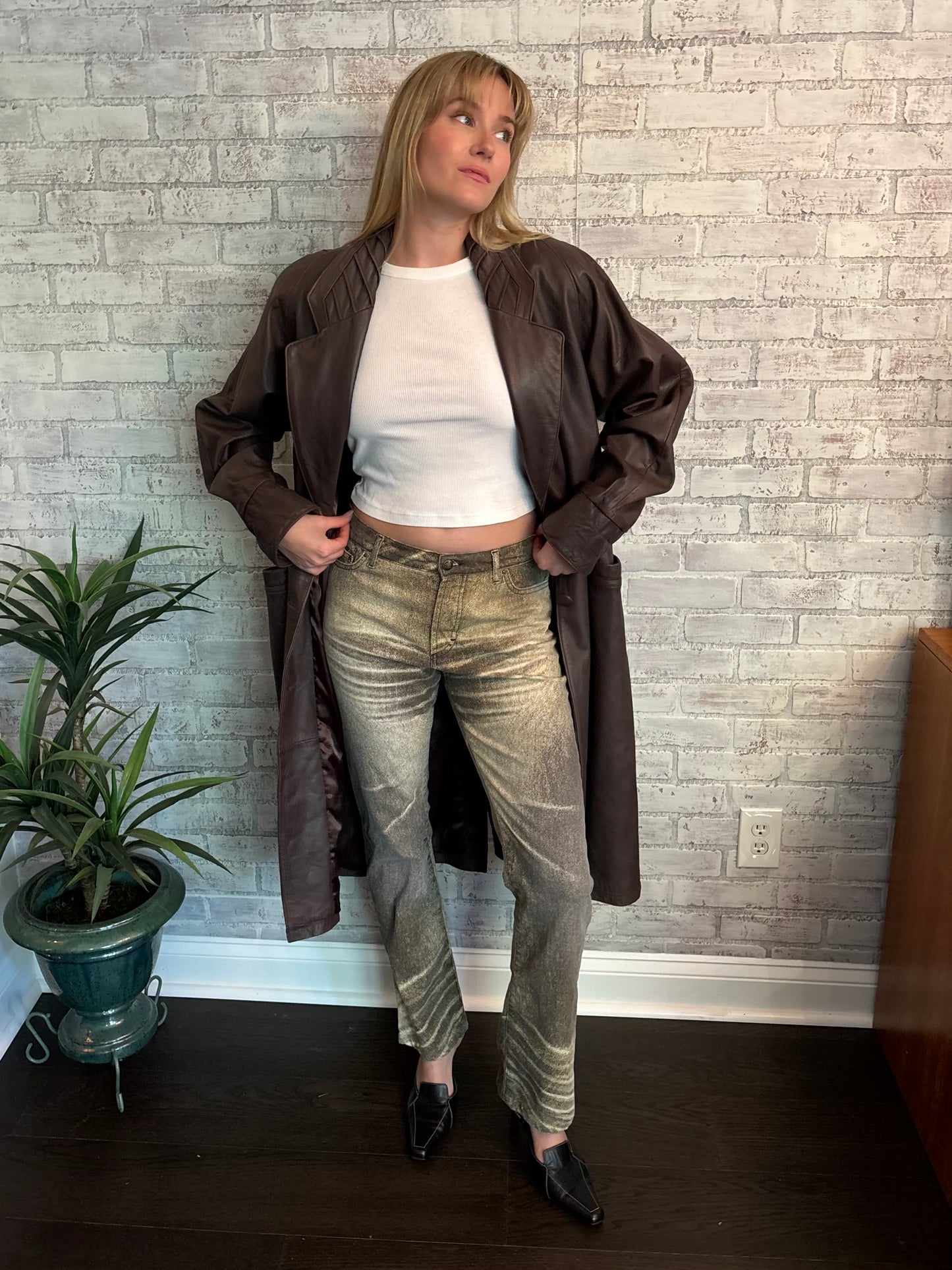 Vintage 90s Brown Leather Trench Coat