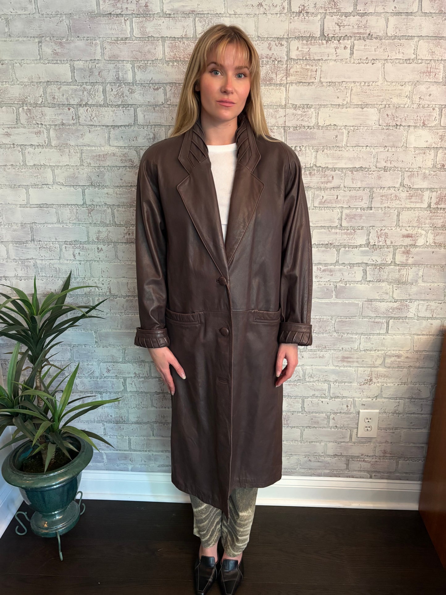 Vintage 90s Brown Leather Trench Coat