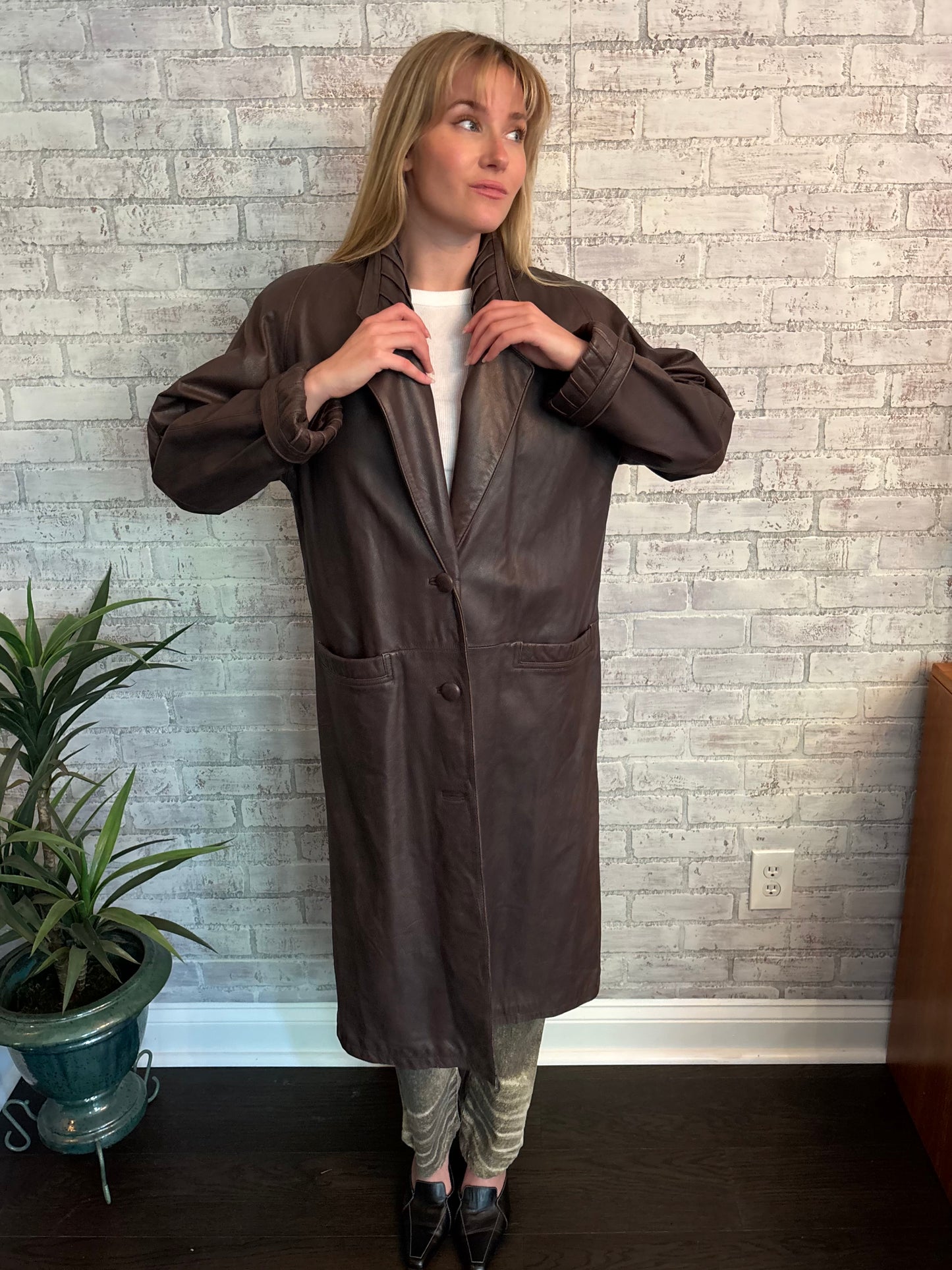 Vintage 90s Brown Leather Trench Coat