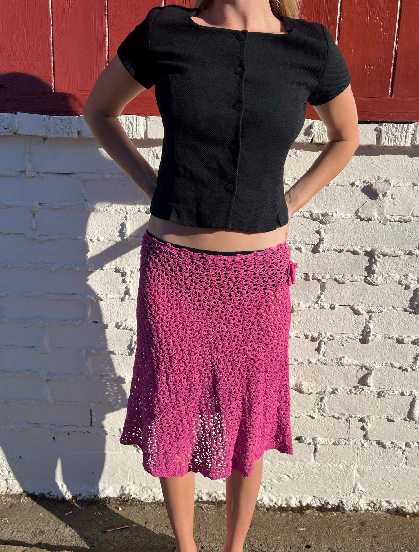 Pink Crochet Midi Skirt