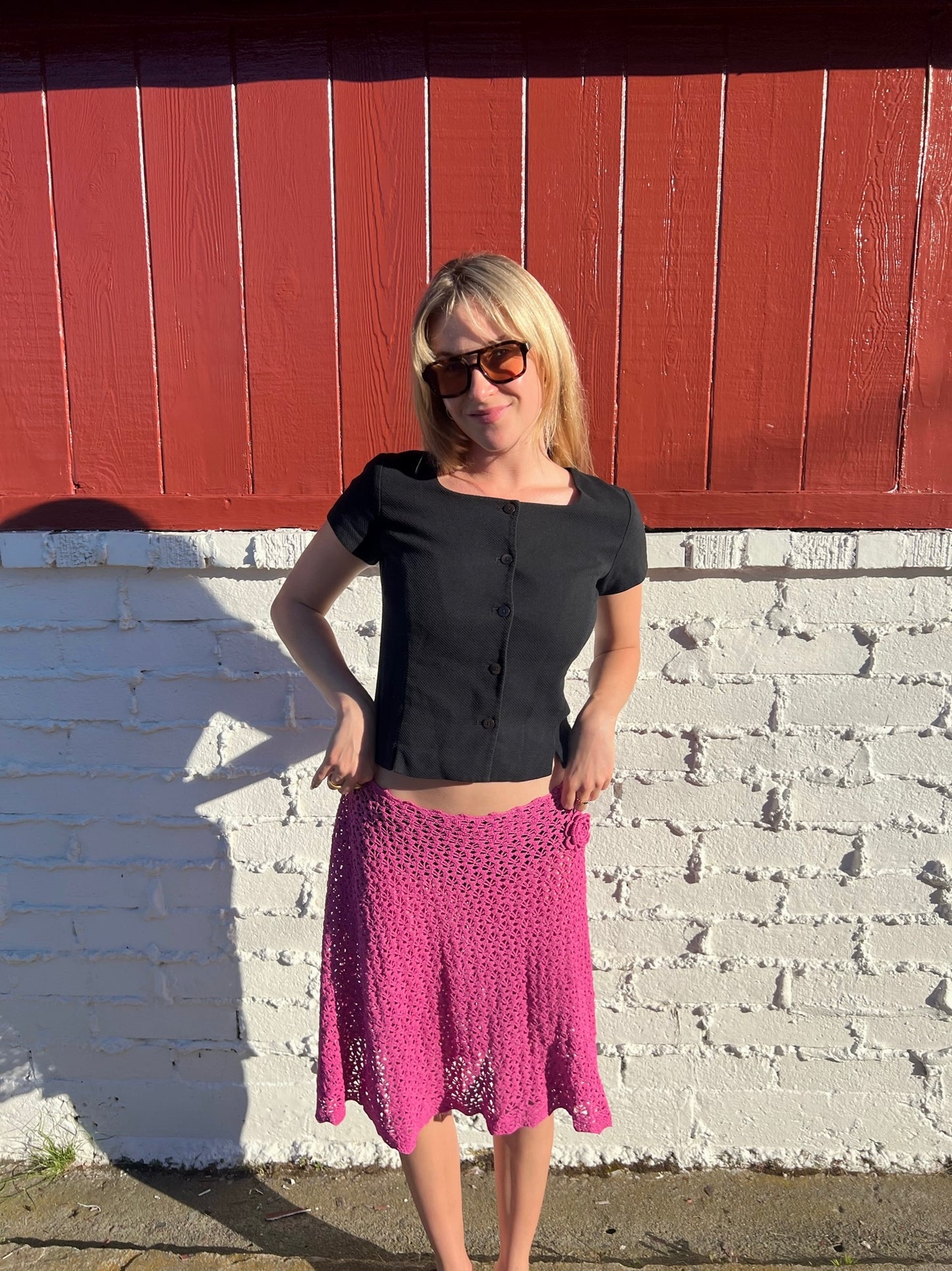 Pink Crochet Midi Skirt