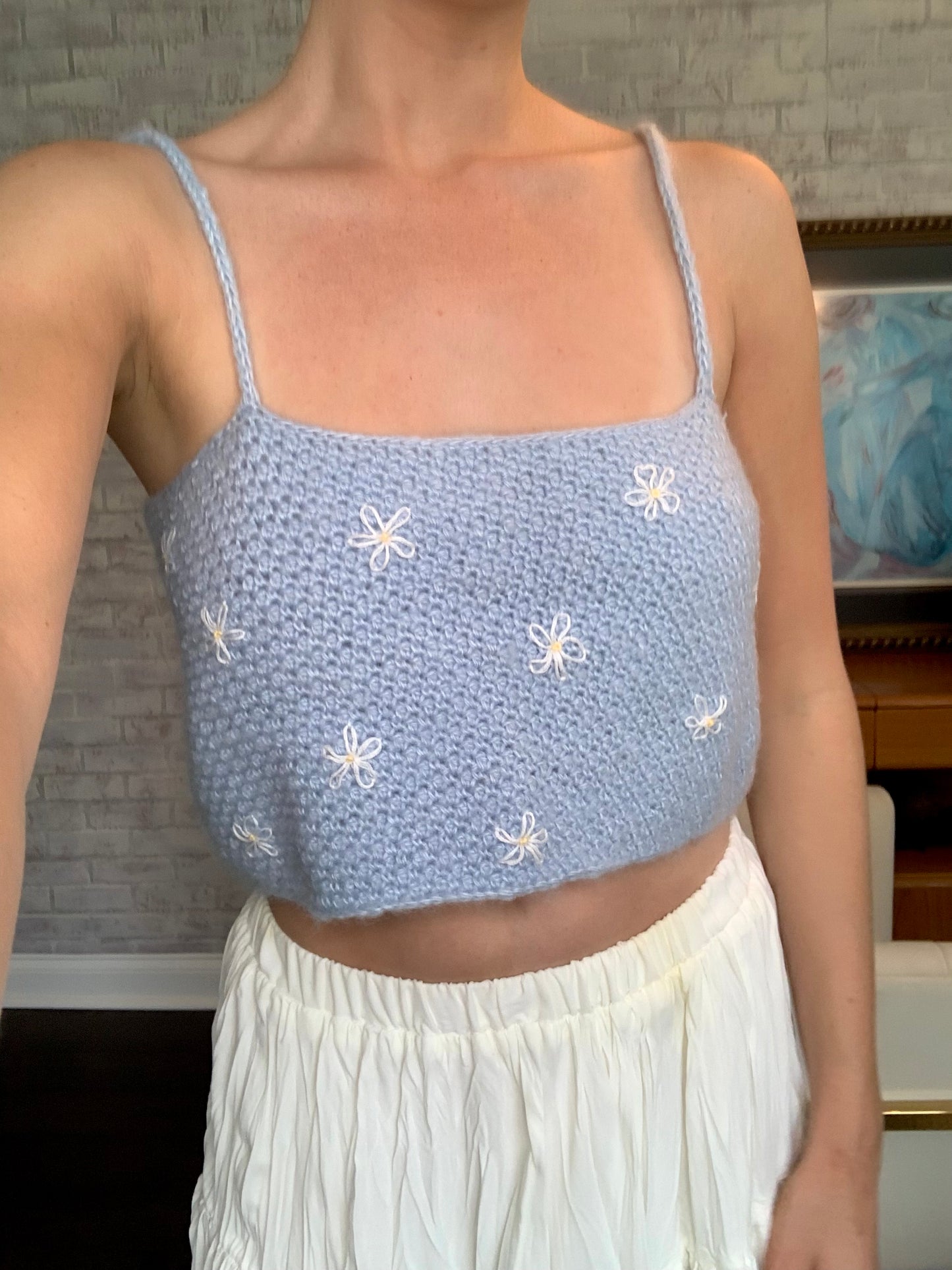 Blue Knit Daisy Crop Top